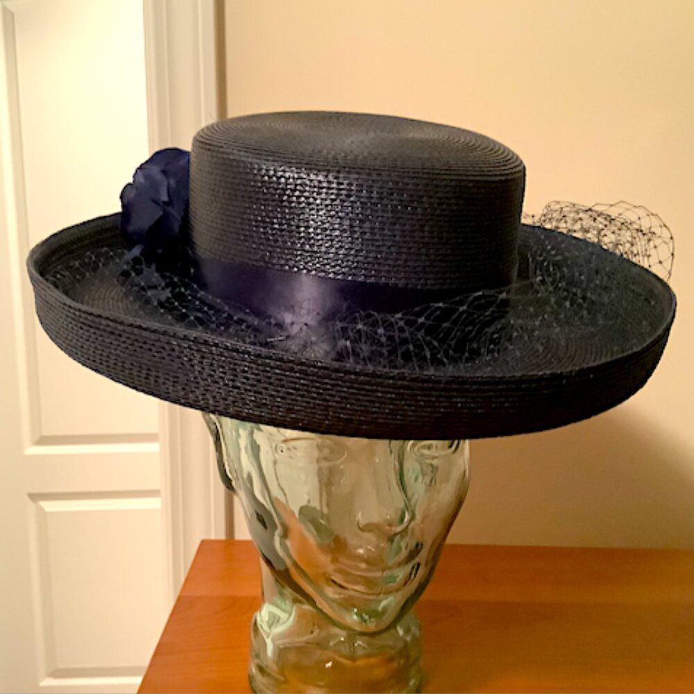 Dark Navy/Black medium brim  hat with flowers, netting and bows details on top